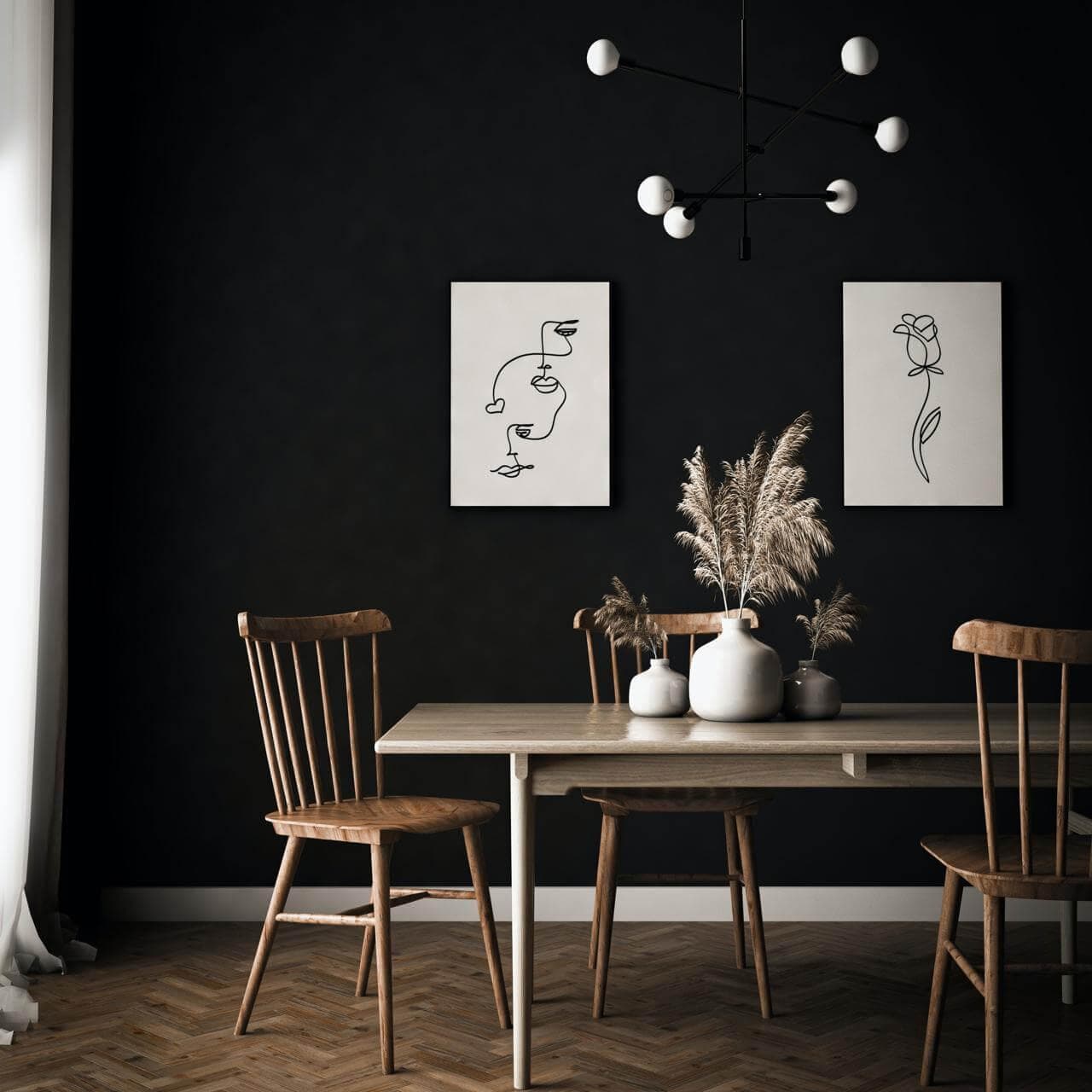 Interior design with wall art and pampas grass